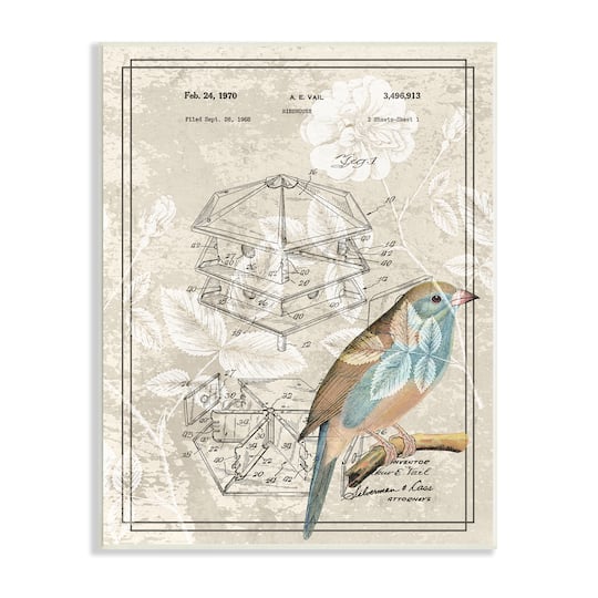 Stupell Industries Vintage Bird House Patent Design Figure Eastern Bluebird Wall Plaque